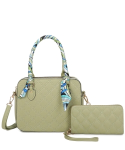 Quilted Scarf Top Handle 2-in-1 Satchel LF470S2 GREEN